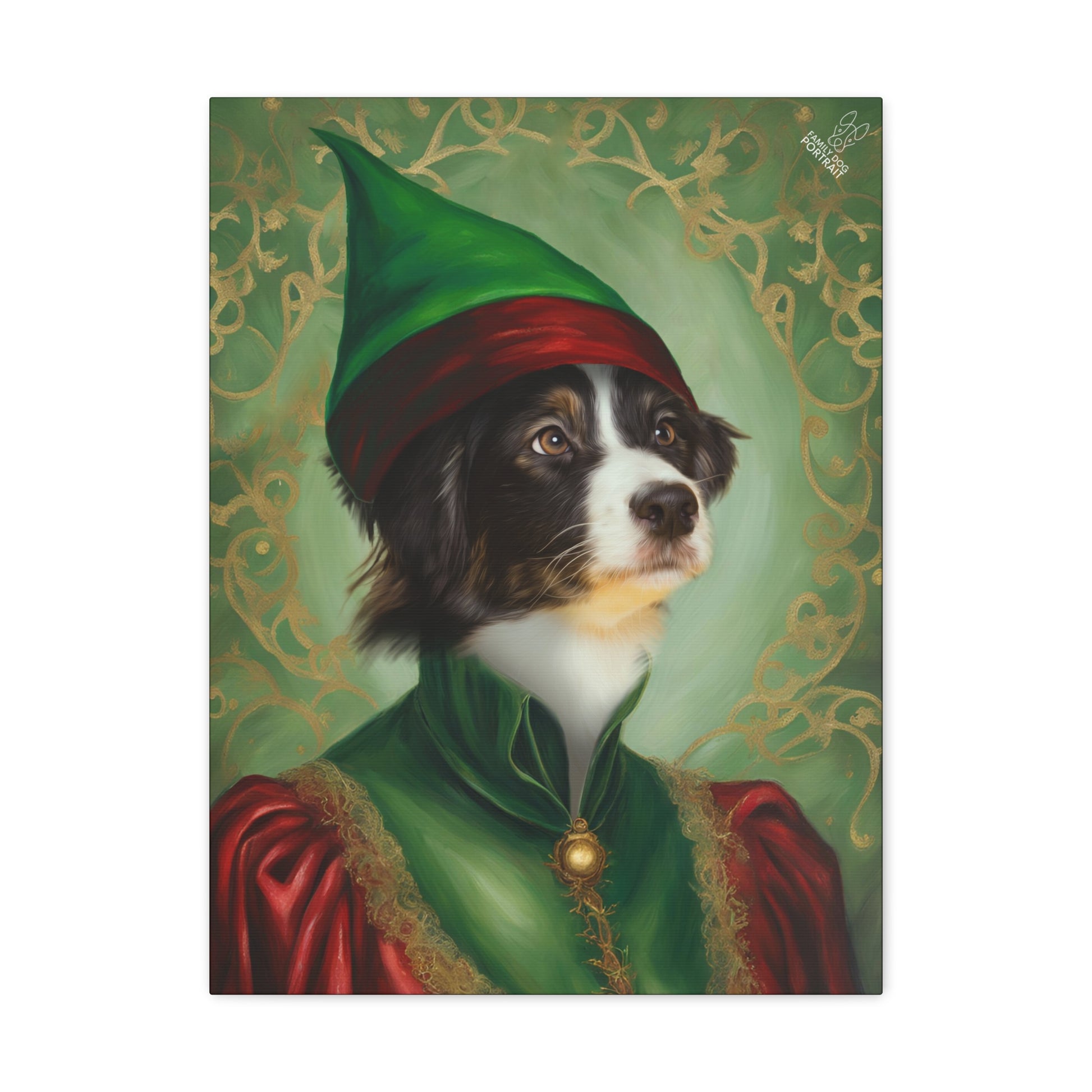 Dog dressed as an elf with a green hat and robe on a decorative background