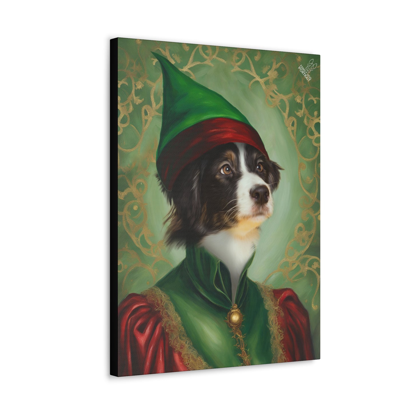 Canvas print of a dog dressed as an elf with a decorative green border.