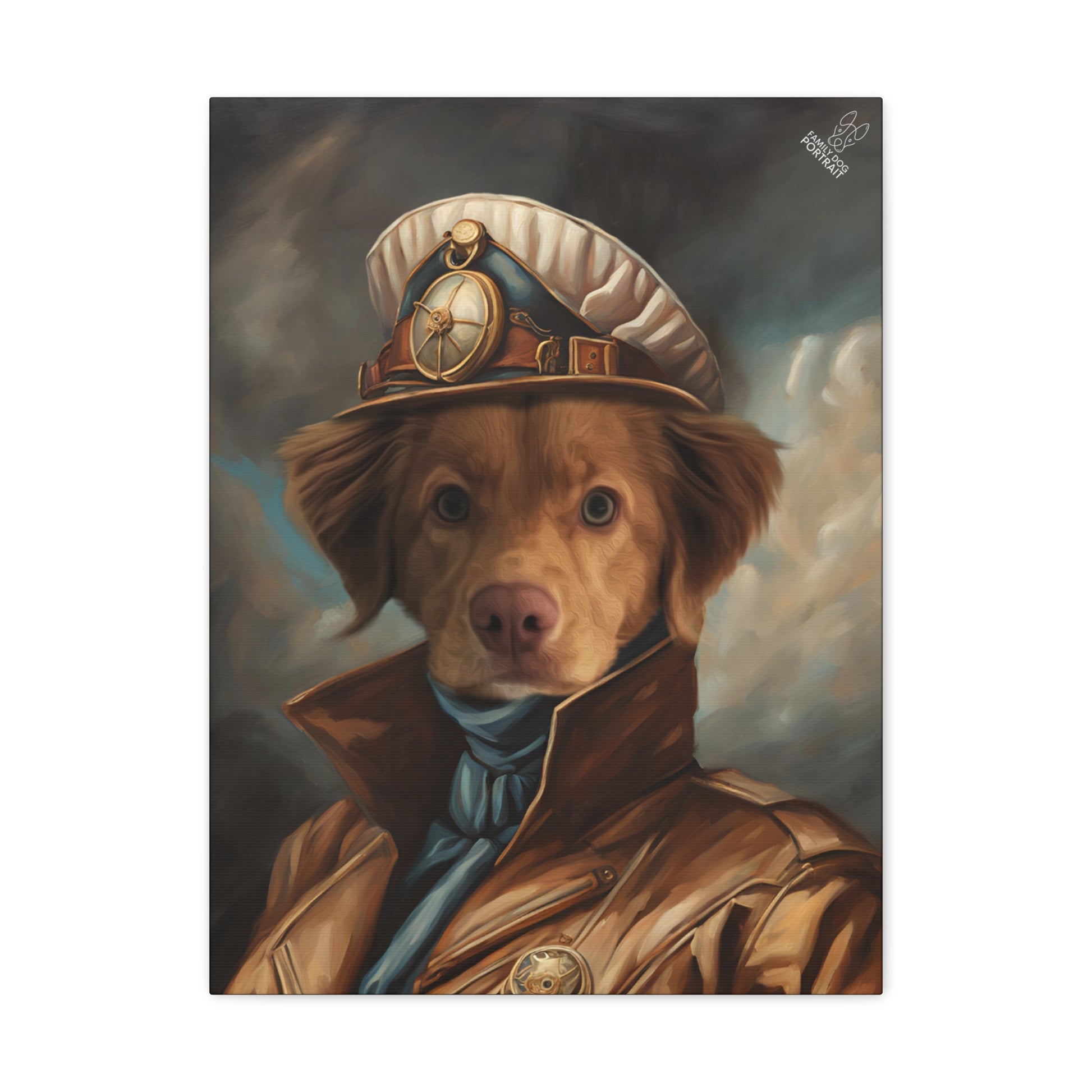 Painting of a dog wearing a captain's hat and coat with a dark background