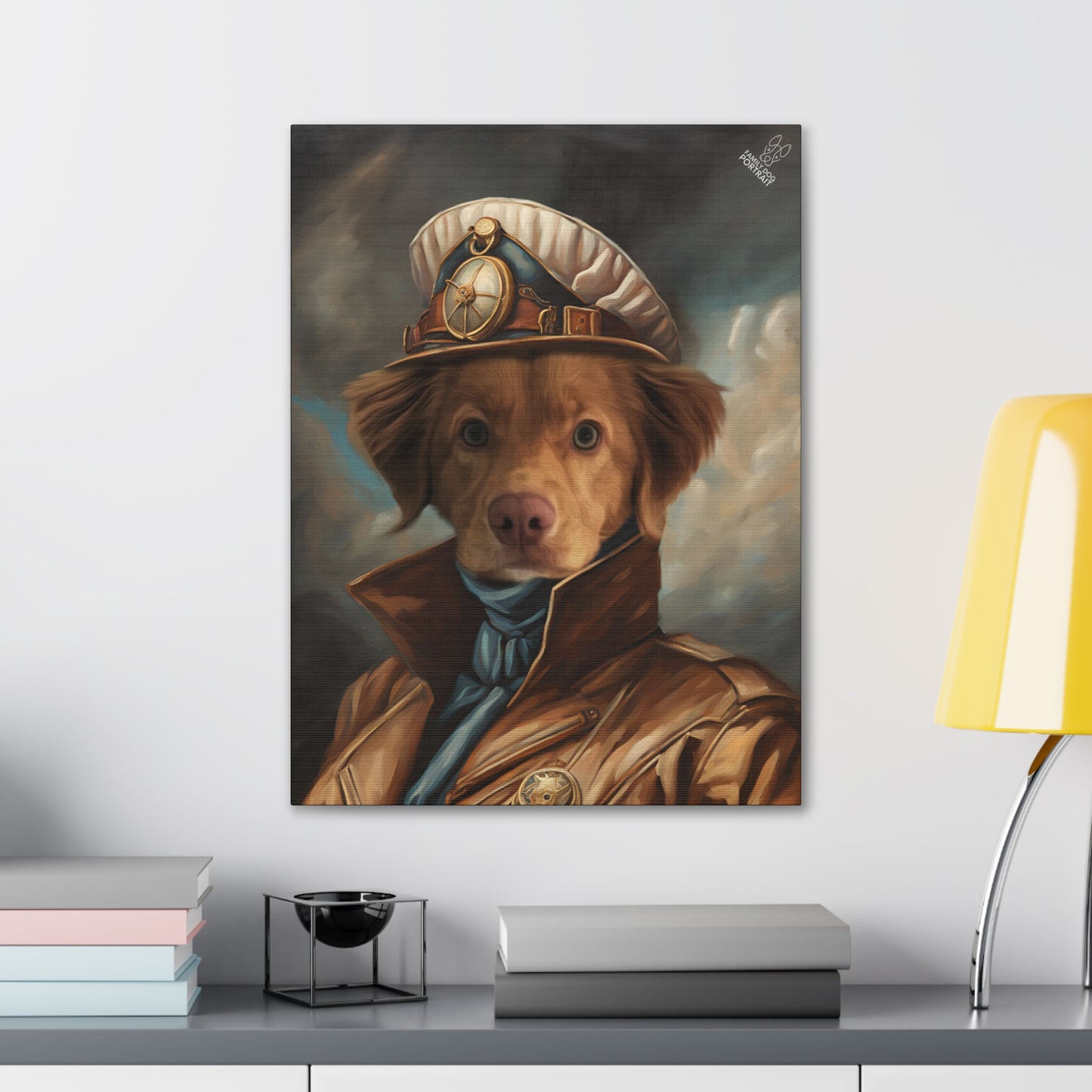 Painting of a dog in a captain's outfit on a wall above a desk with books and a lamp.