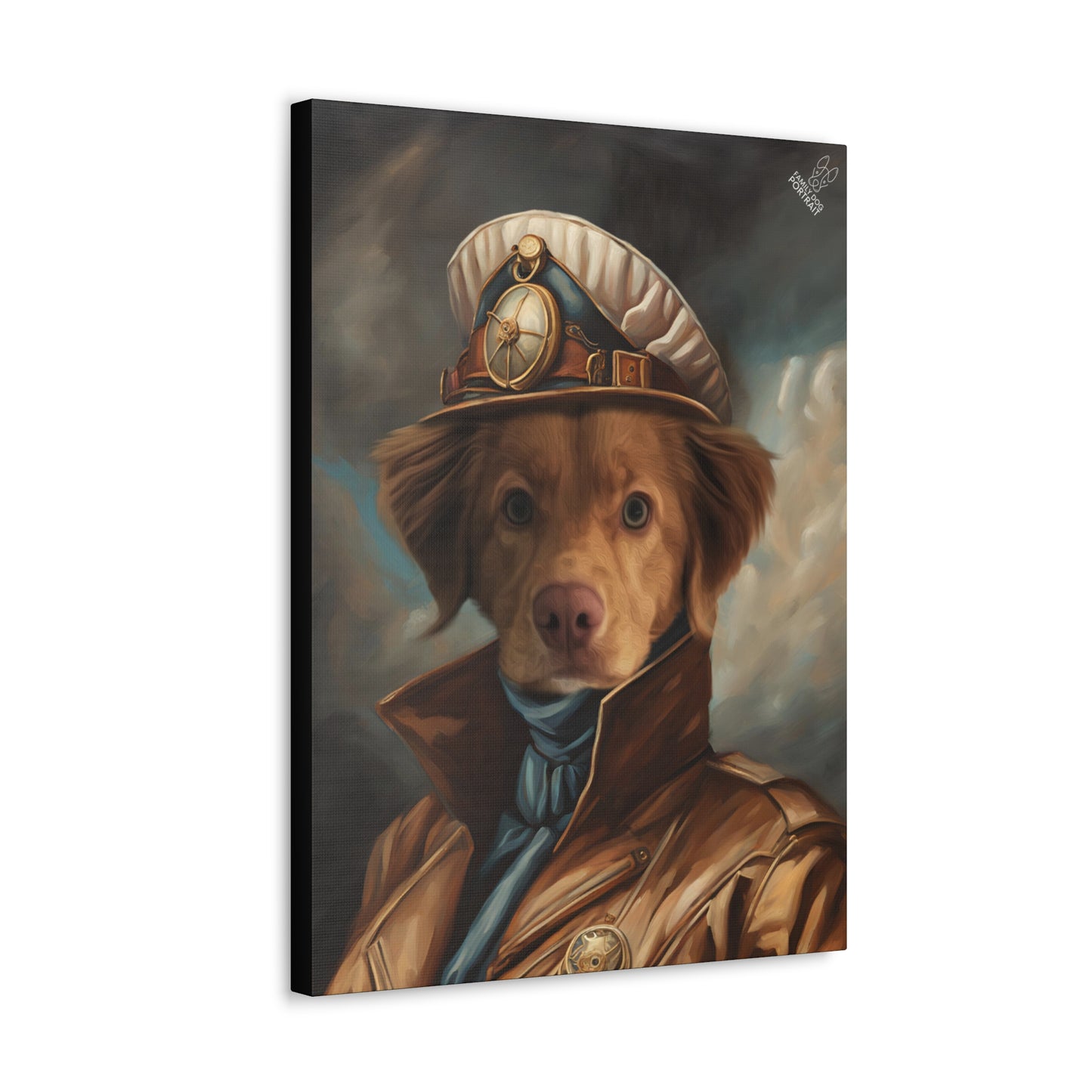 Canvas print of a dog wearing a captain's hat and coat against a dark background