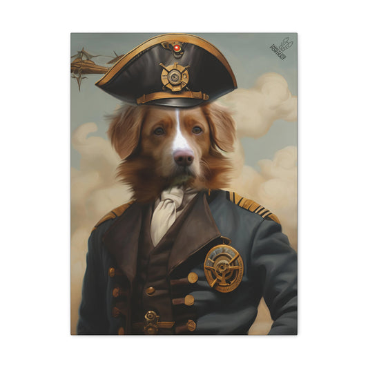 Dog in a pirate costume with a captain's hat and uniform against a cloudy sky.