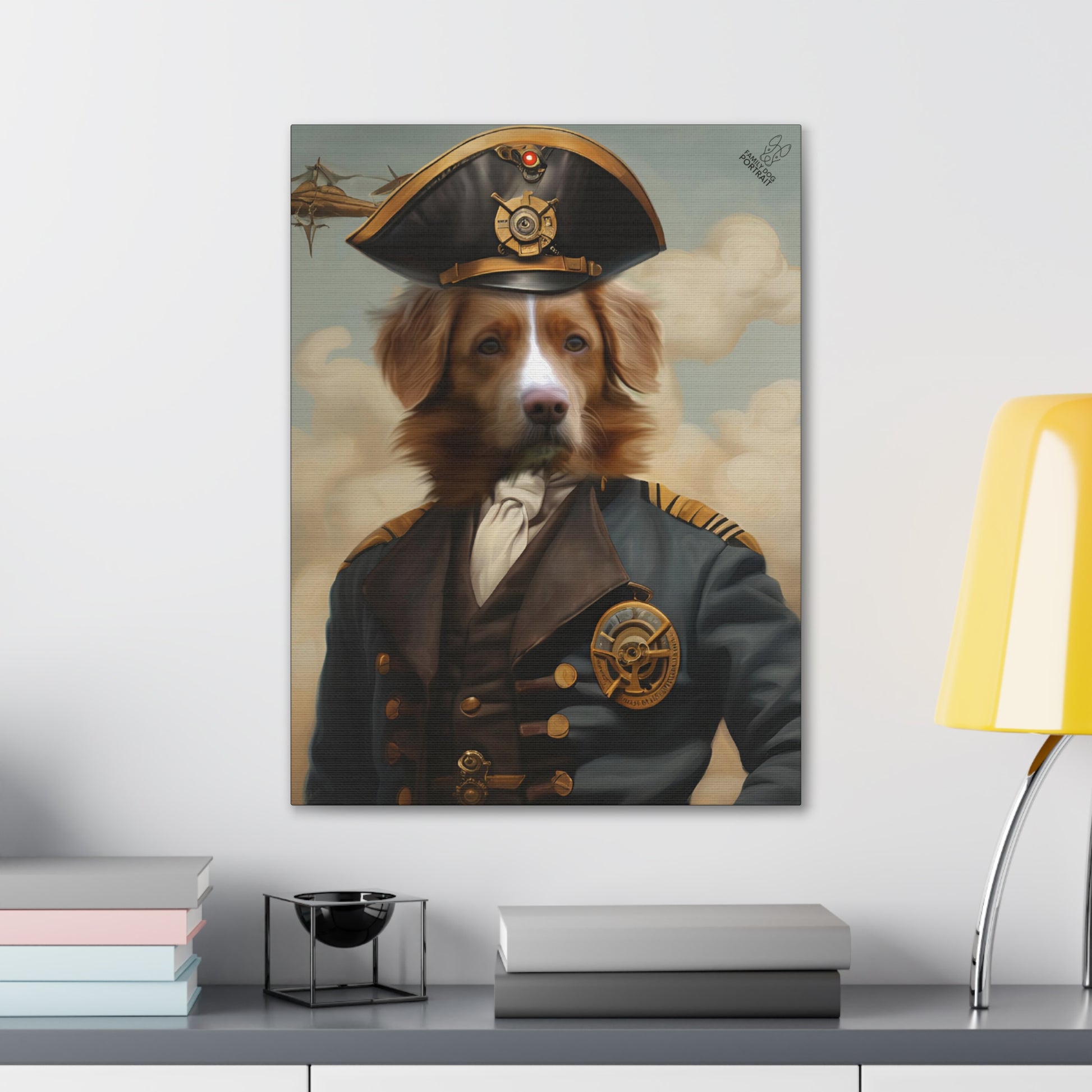 Canvas print of a dog in a captain's outfit on a wall above a desk.