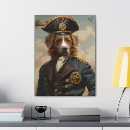 Canvas print of a dog in a captain's outfit on a wall above a desk.