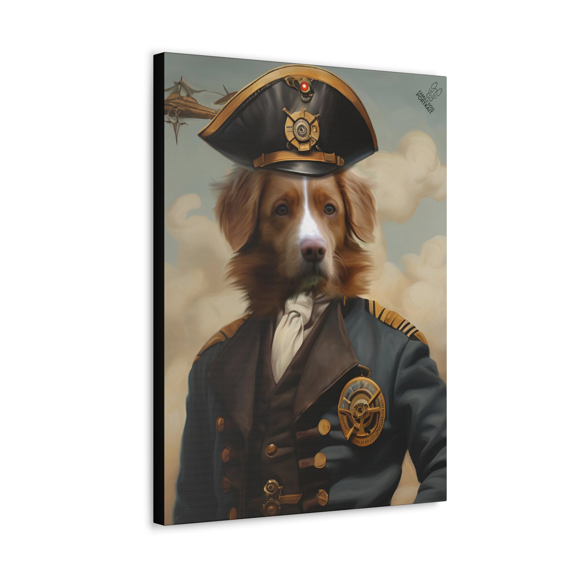 Canvas print of a dog dressed in a pirate costume with a captain's hat.