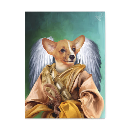 Dog with angel wings and robes on a green background