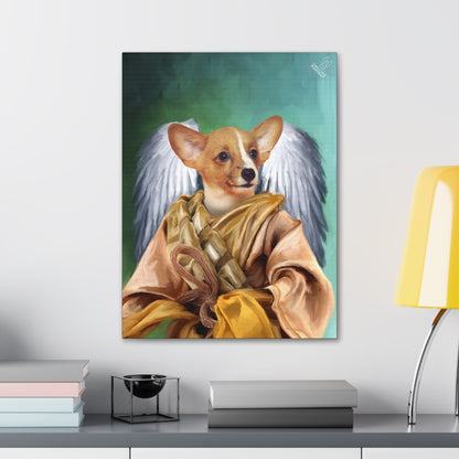 Canvas print of a dog with angel wings on a wall above a shelf.