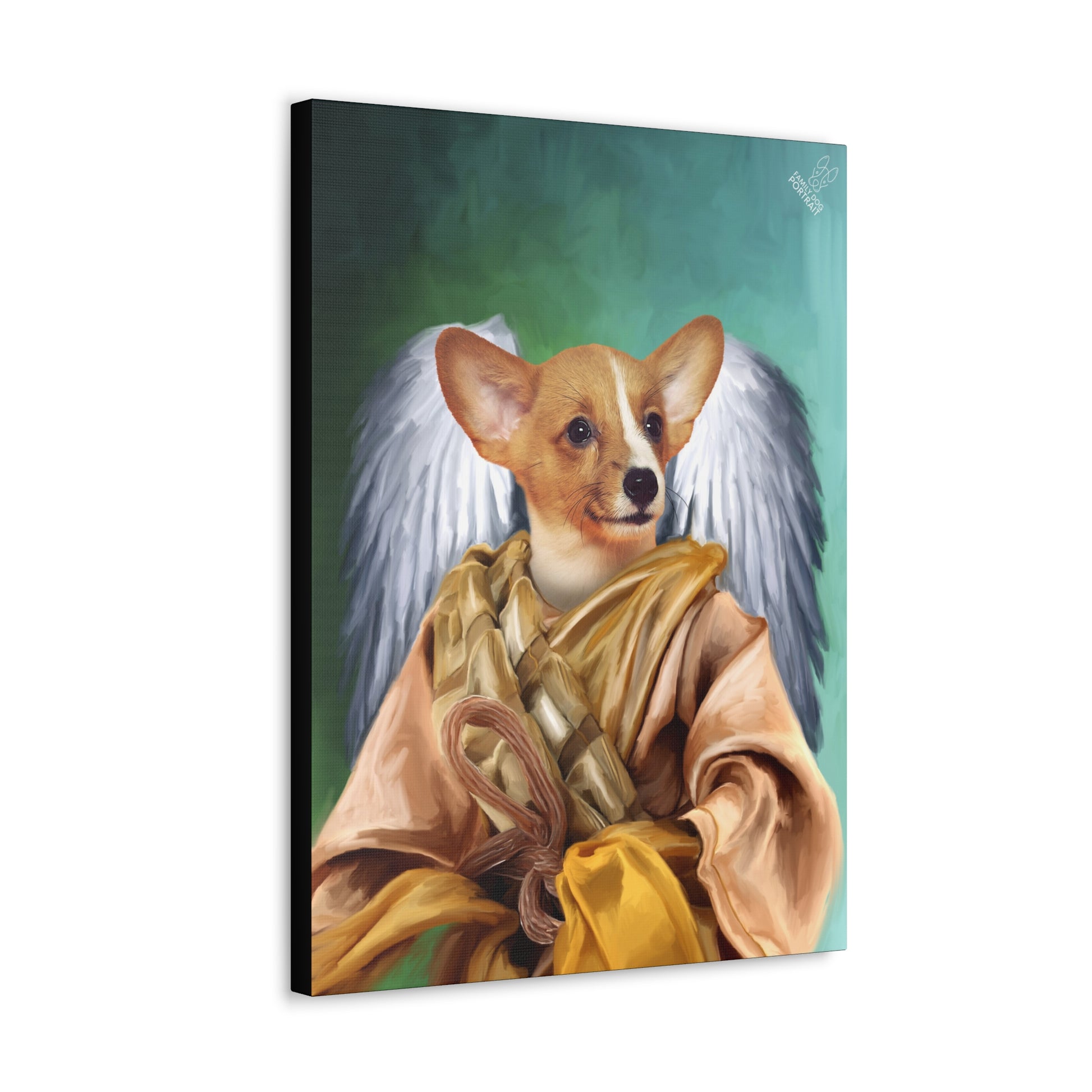 Canvas print of a dog with angel wings and robes on a green background