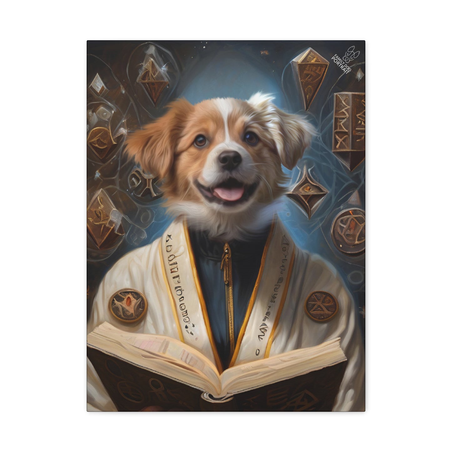Dog in robes with a book, surrounded by mystical symbols on a dark background