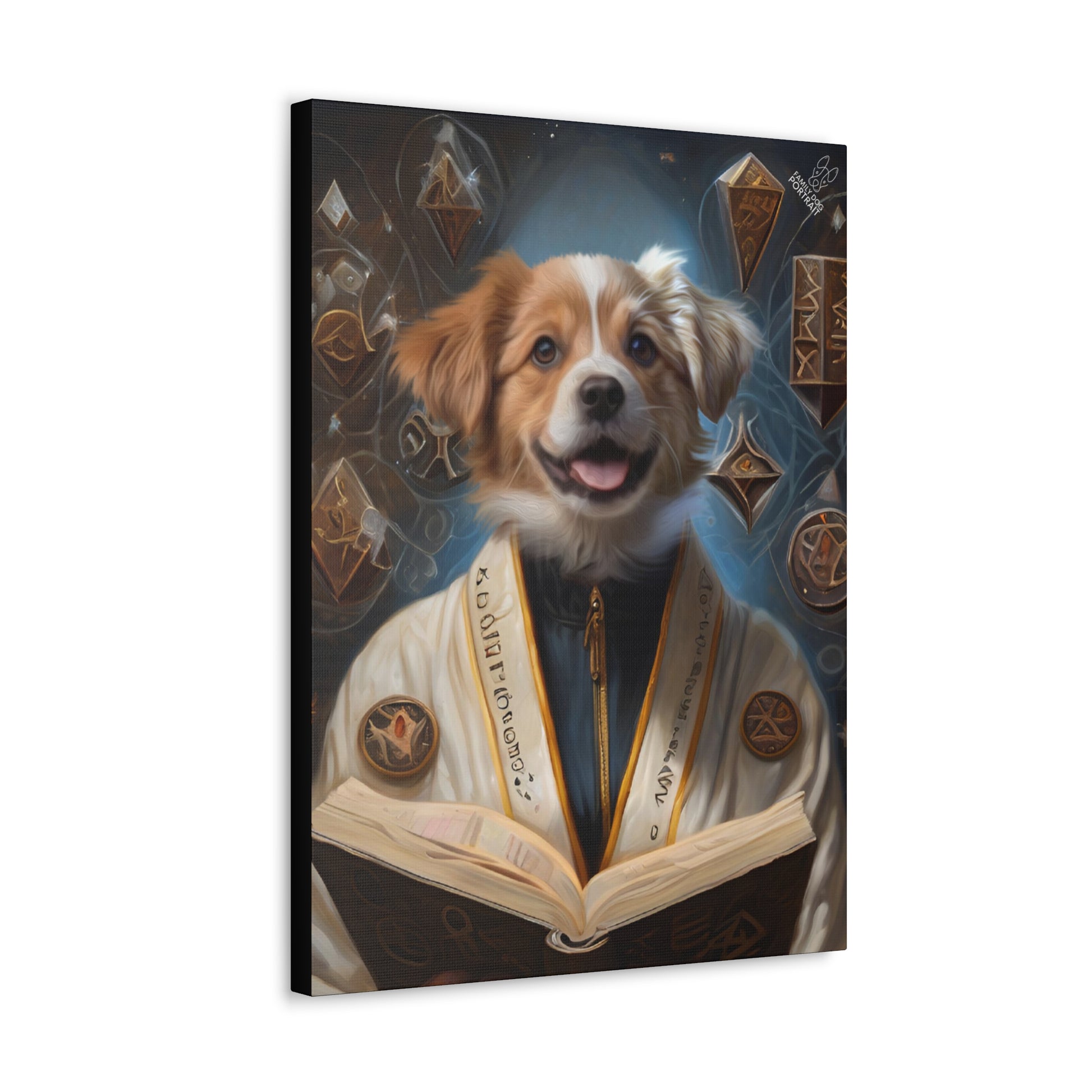 Canvas print of a dog dressed in a robe with a mystical background