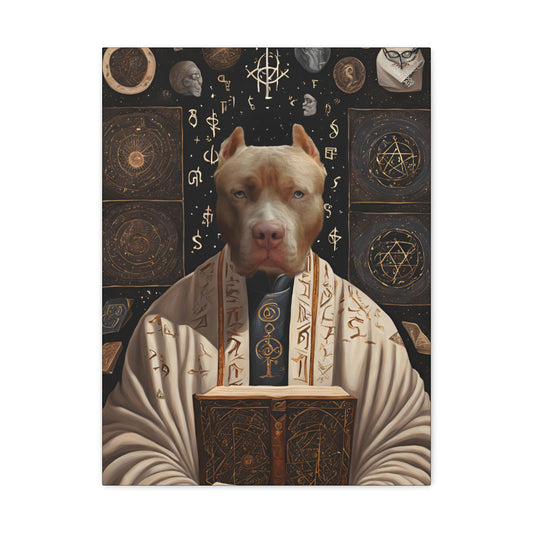Dog with a scholarly outfit and book on a mystical background