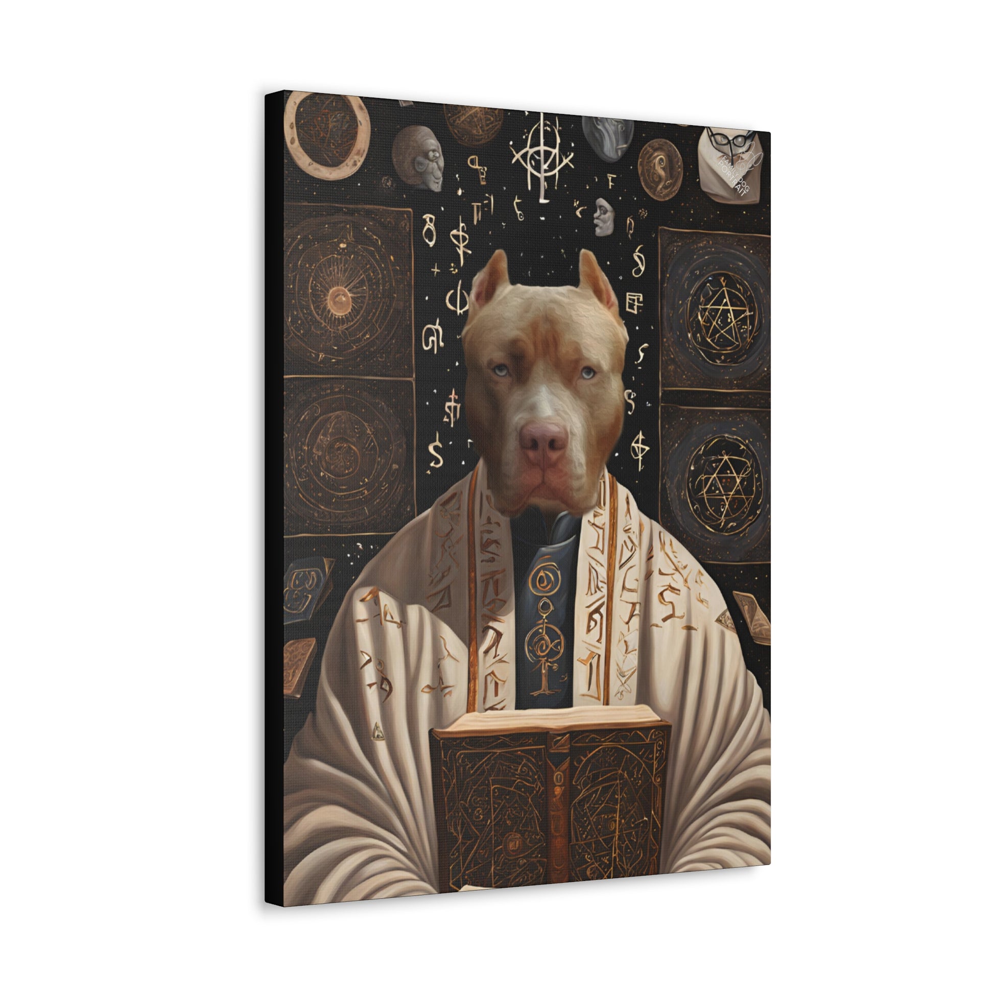 Canvas print with a dog's face superimposed on a classical painting style background