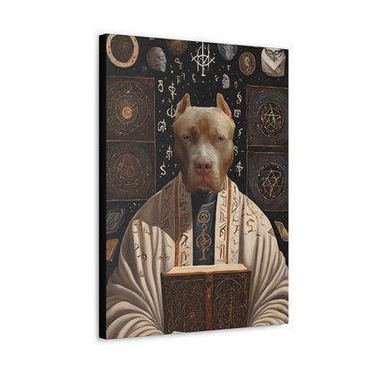 Canvas print with a dog's face superimposed on a classical painting style background