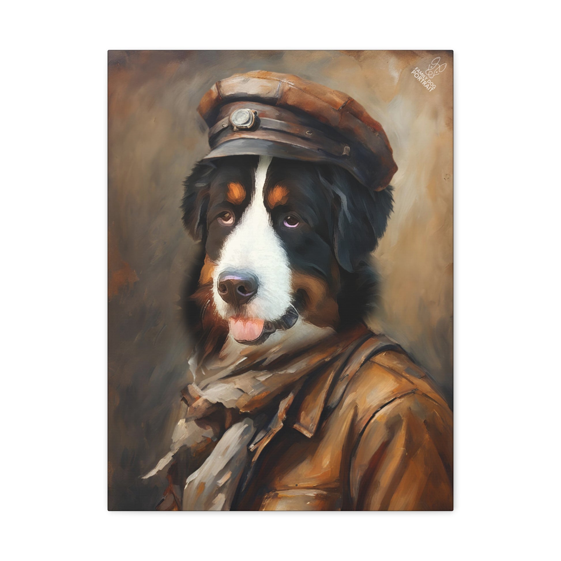 Painting of a dog wearing a uniform with a cap on a white background
