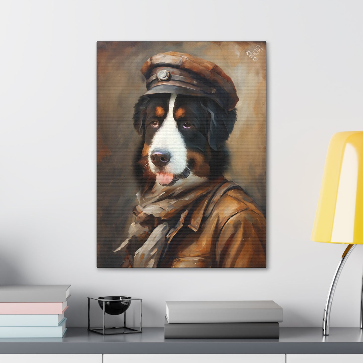 Painting of a dog wearing a cap and jacket on a wall above a shelf.