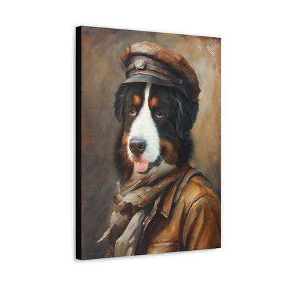 Painting of a dog wearing a cap and coat on a white background
