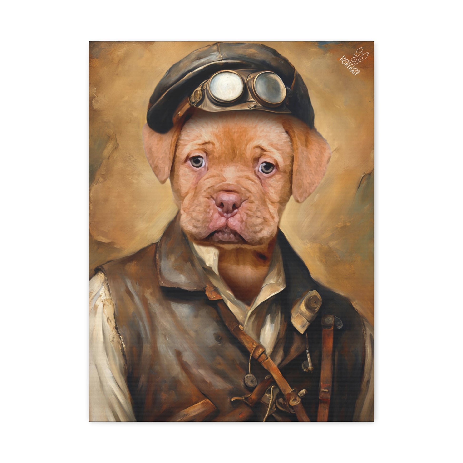 Painting of a dog dressed in a pilot outfit with goggles on a beige background