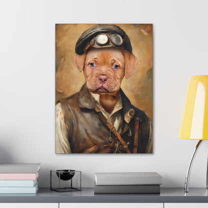 Canvas print of a dog dressed in a vintage outfit with goggles, on a wall above a shelf.