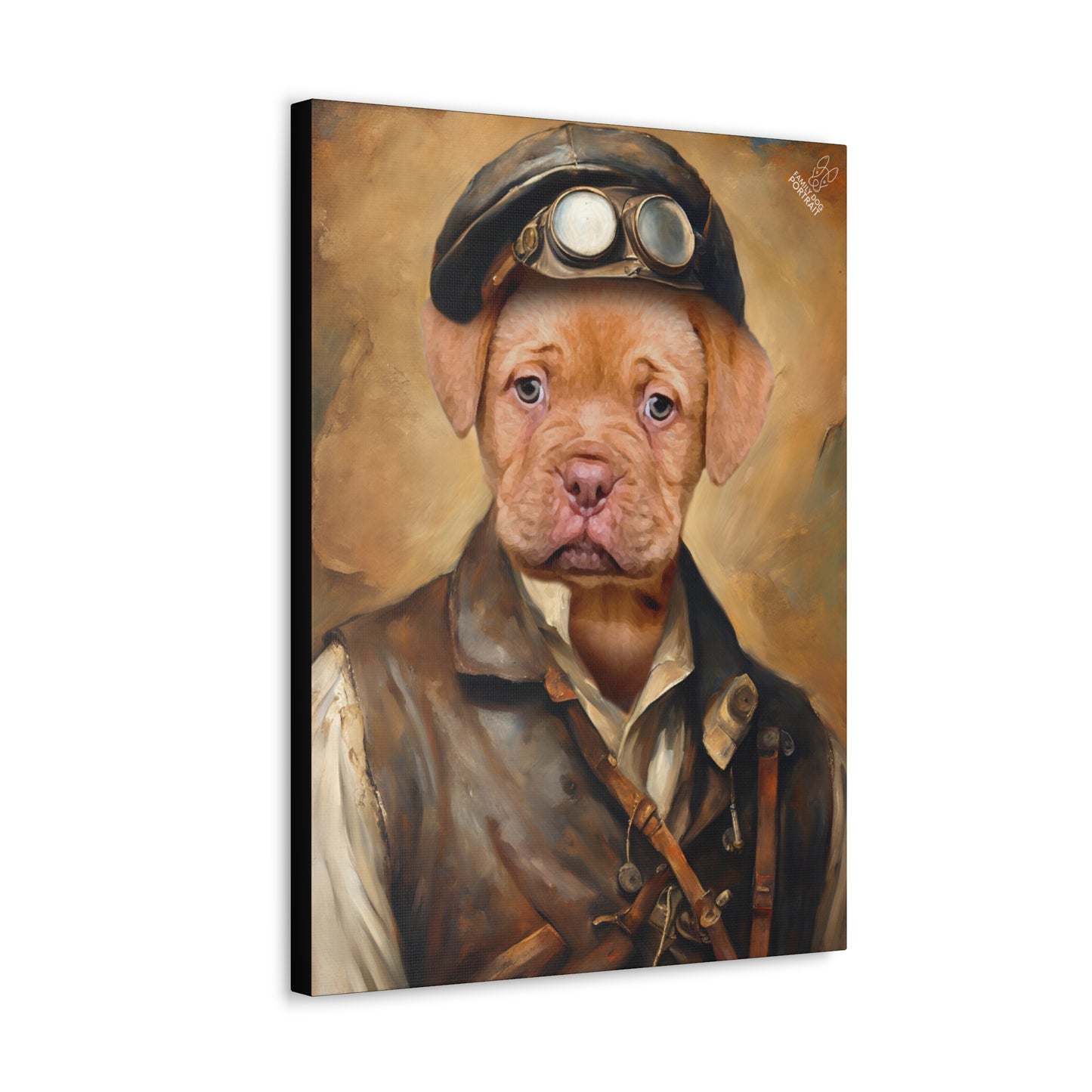 Canvas print of a dog wearing a pilot outfit with goggles on a white background