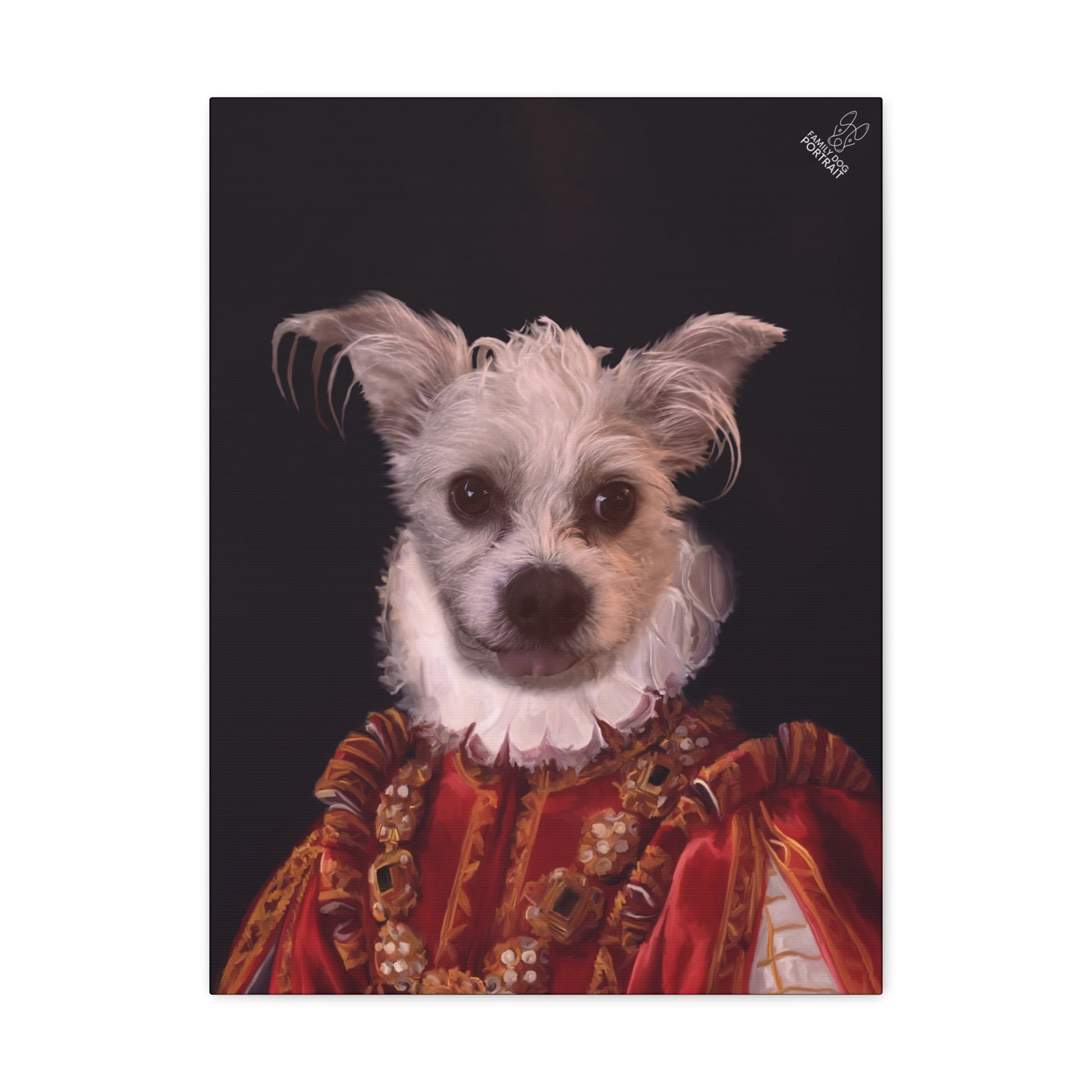 Dog in Renaissance-style clothing on a dark background