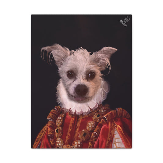 Dog in Renaissance-style clothing on a dark background