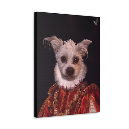 Canvas print of a dog dressed in regal attire with a dark background