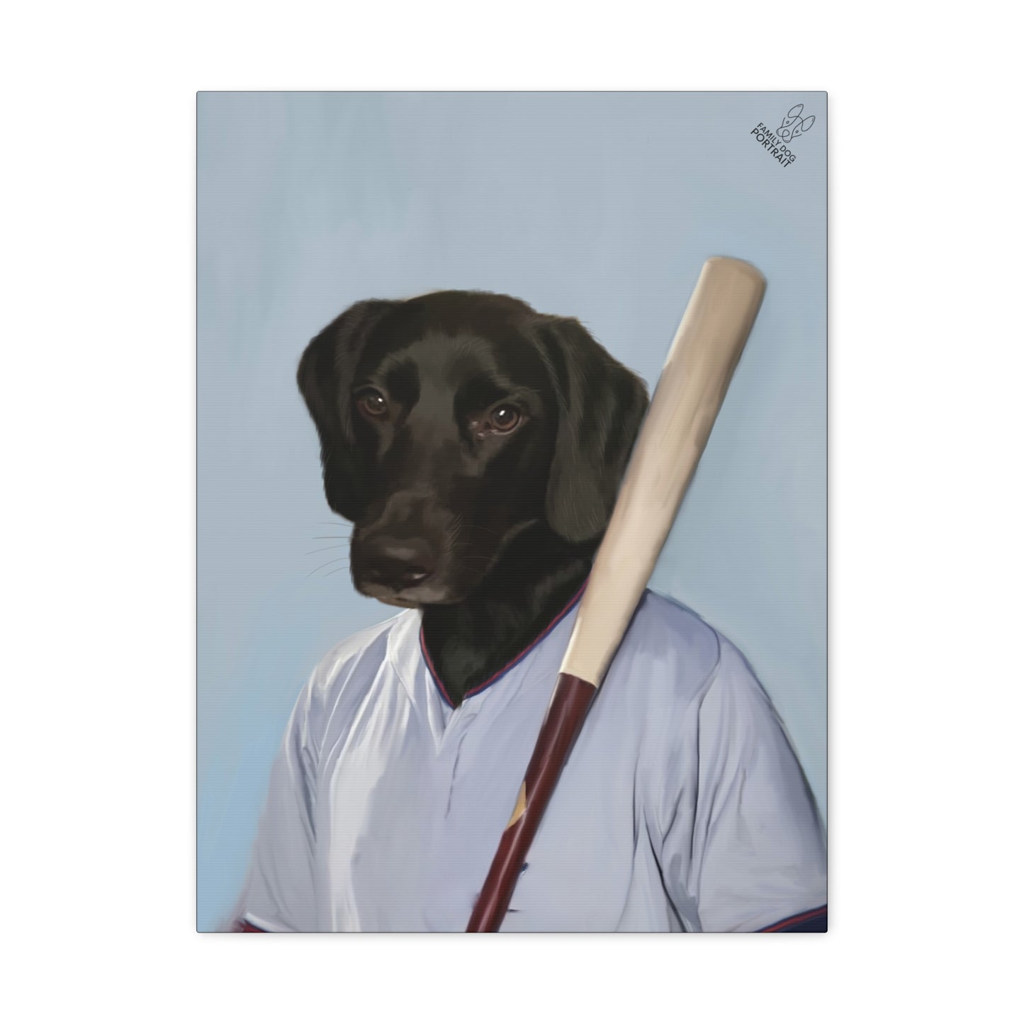 Dog wearing a baseball uniform holding a bat against a blue background