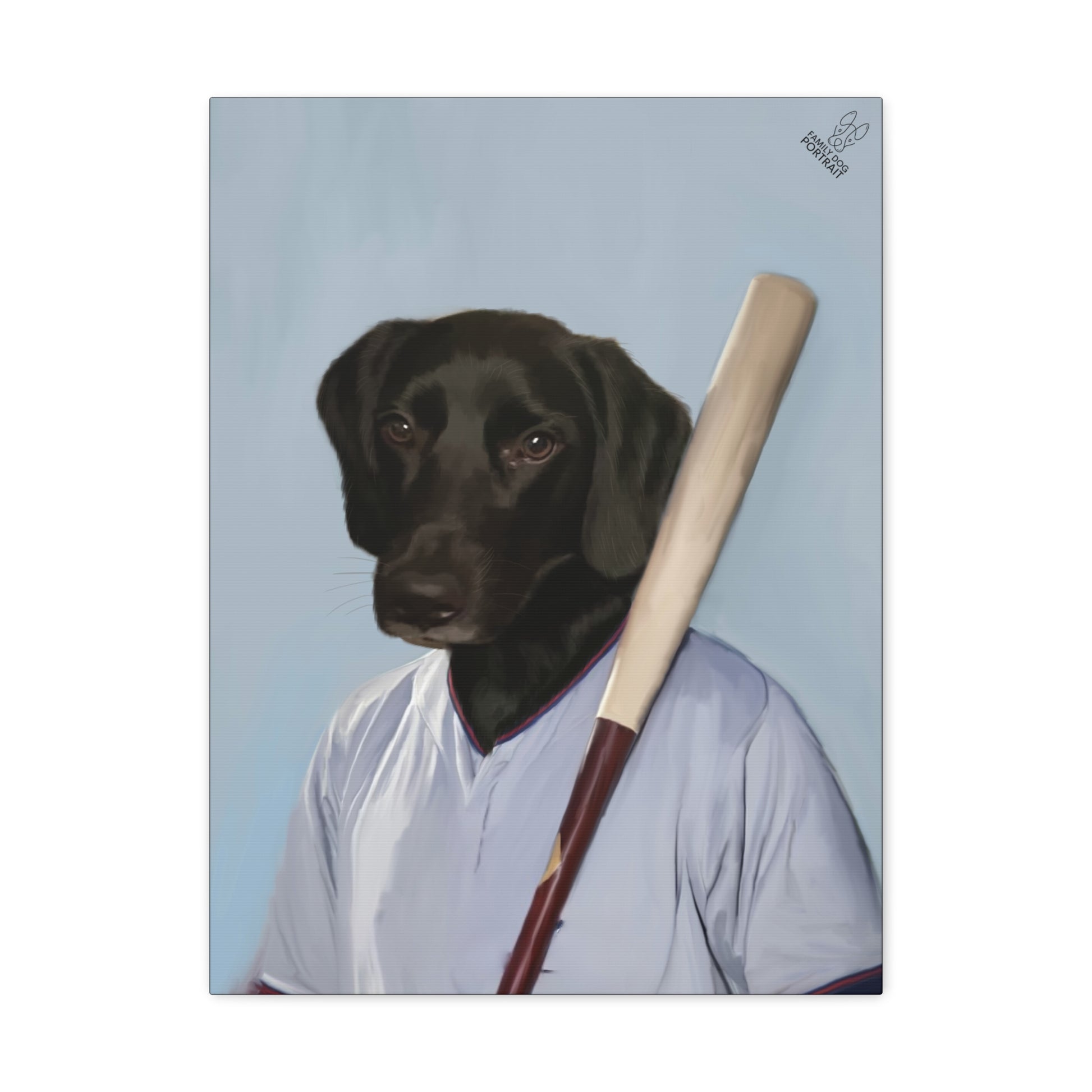 Dog wearing a baseball uniform holding a bat against a blue background