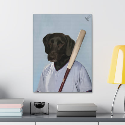 Canvas print of a dog in a baseball uniform with a bat on a wall above a desk.