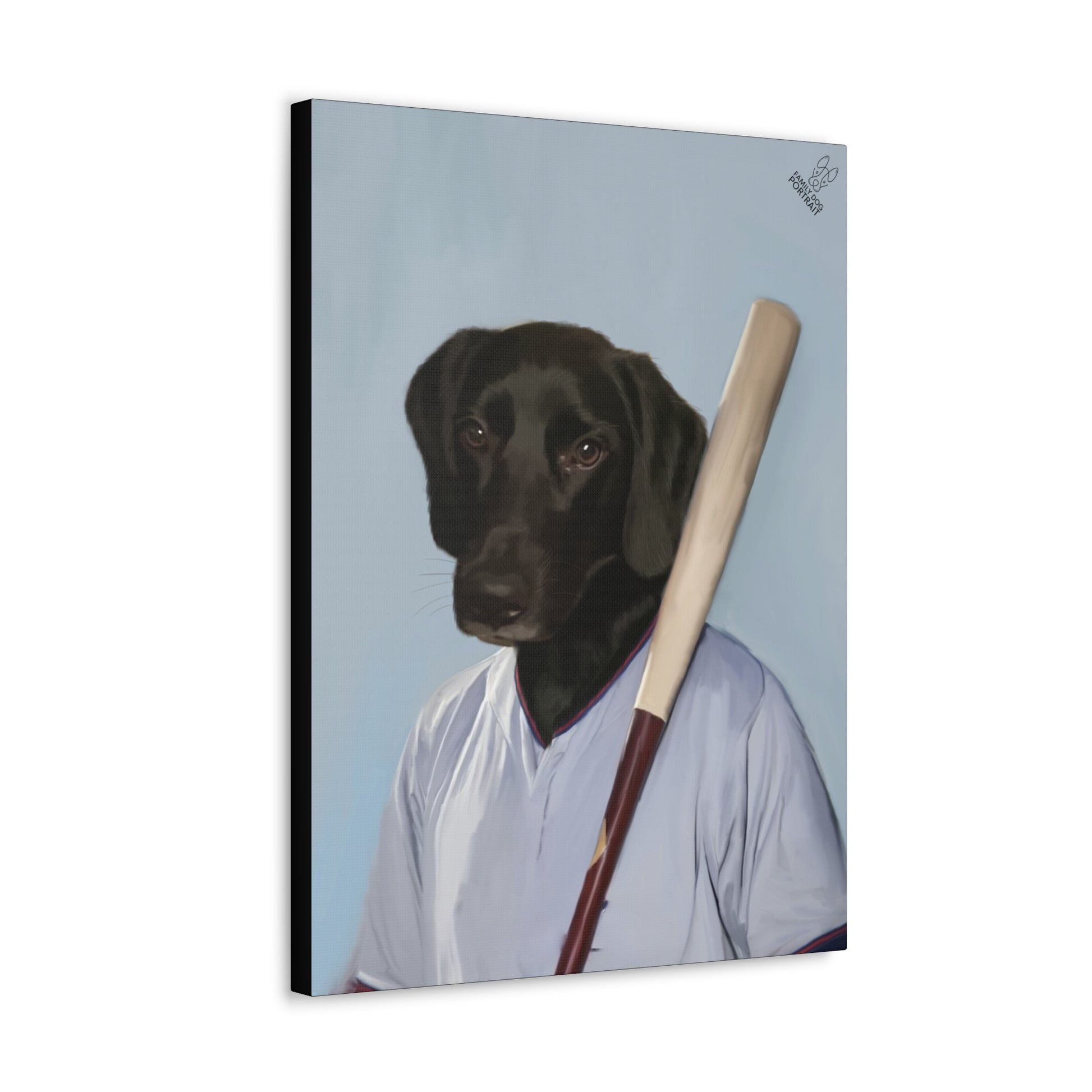 Canvas print of a dog holding a baseball bat against a light blue background