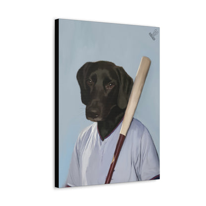 Canvas print of a dog holding a baseball bat against a light blue background