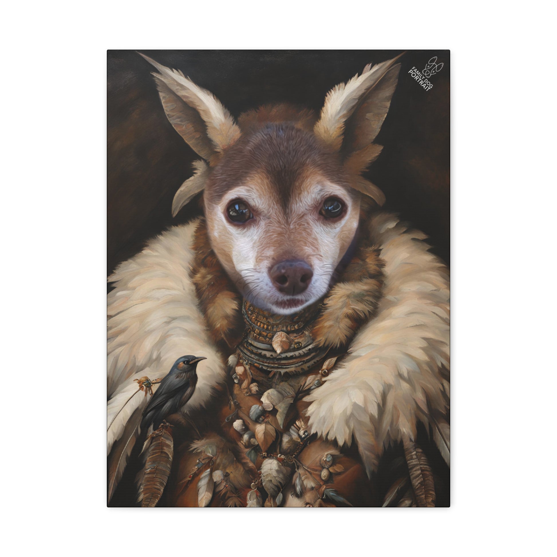 Dog in a fantasy costume with fur and accessories, holding a bird.