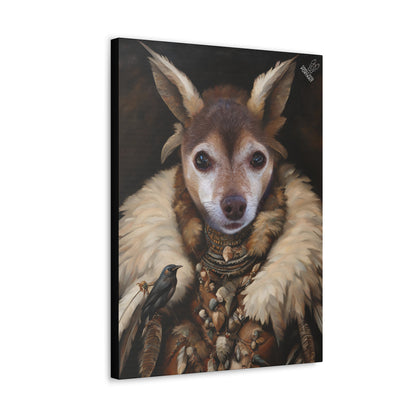 Canvas print of a dog in regal attire with a bird on a dark background