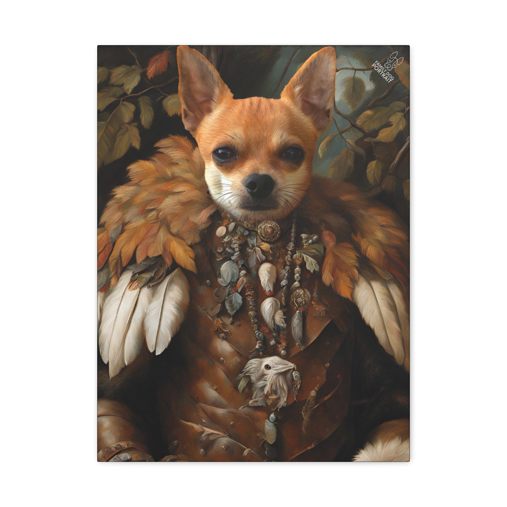 Dog with feathered cape and jewelry on a dark background