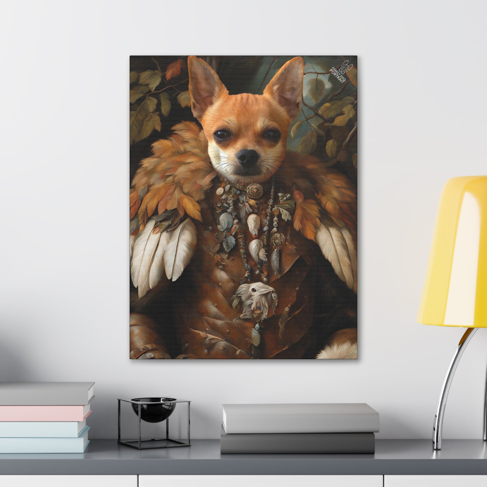 Framed artwork of a dog with feathered wings on a wall above a shelf.