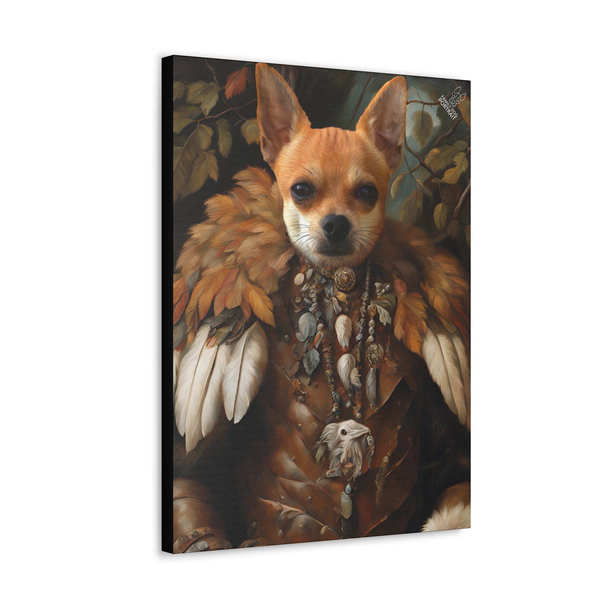 Canvas print of a dog with feathered headdress and beads against a dark background