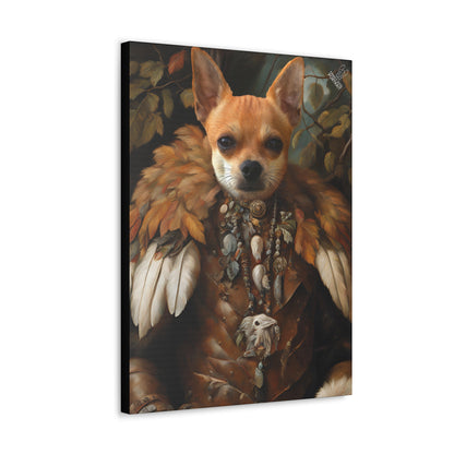 Canvas print of a dog with feathered headdress and beads against a dark background