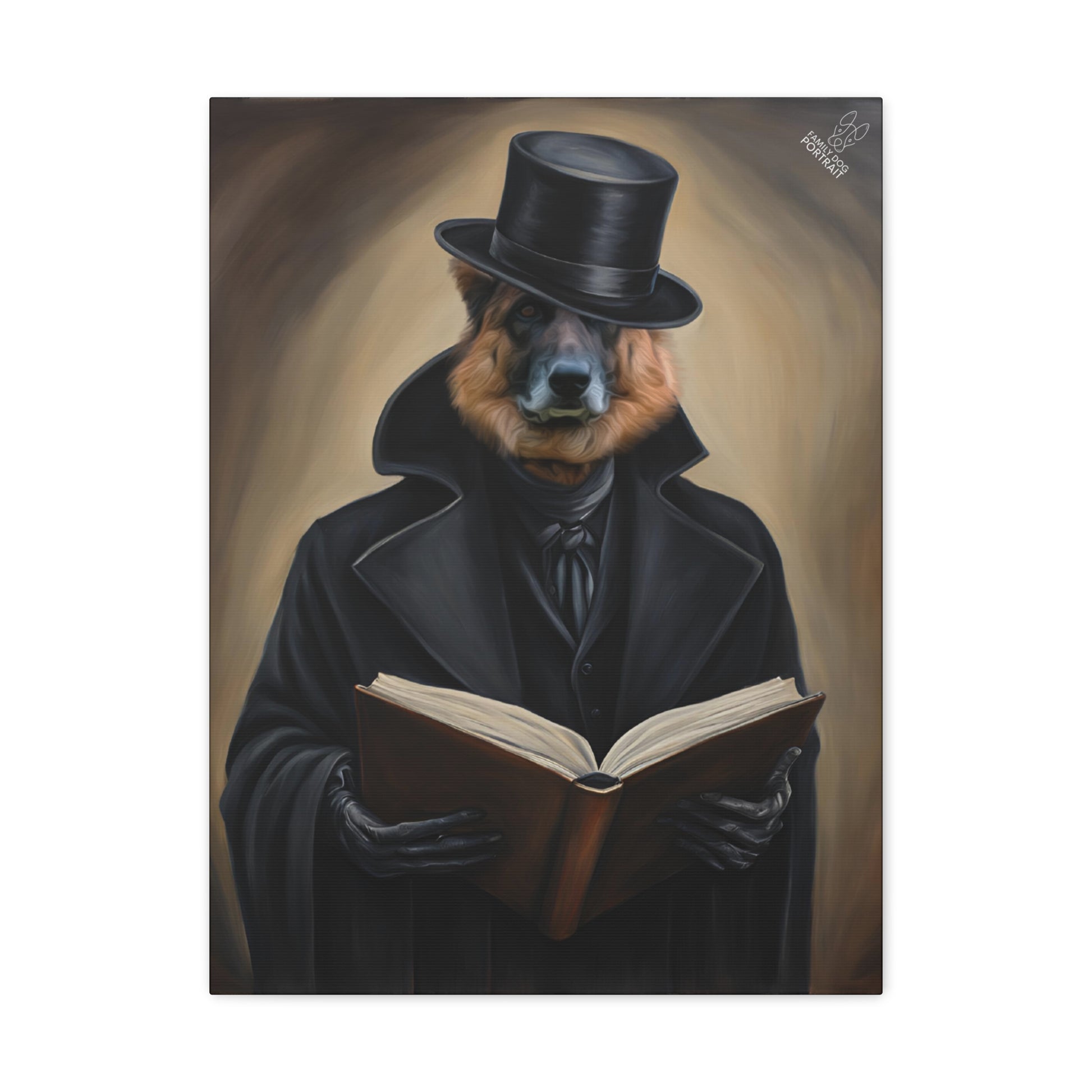 Bear in formal attire reading a book with a warm brown background