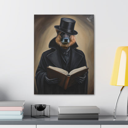 Framed artwork of a dog in a coat and top hat reading a book on a wall above a desk.