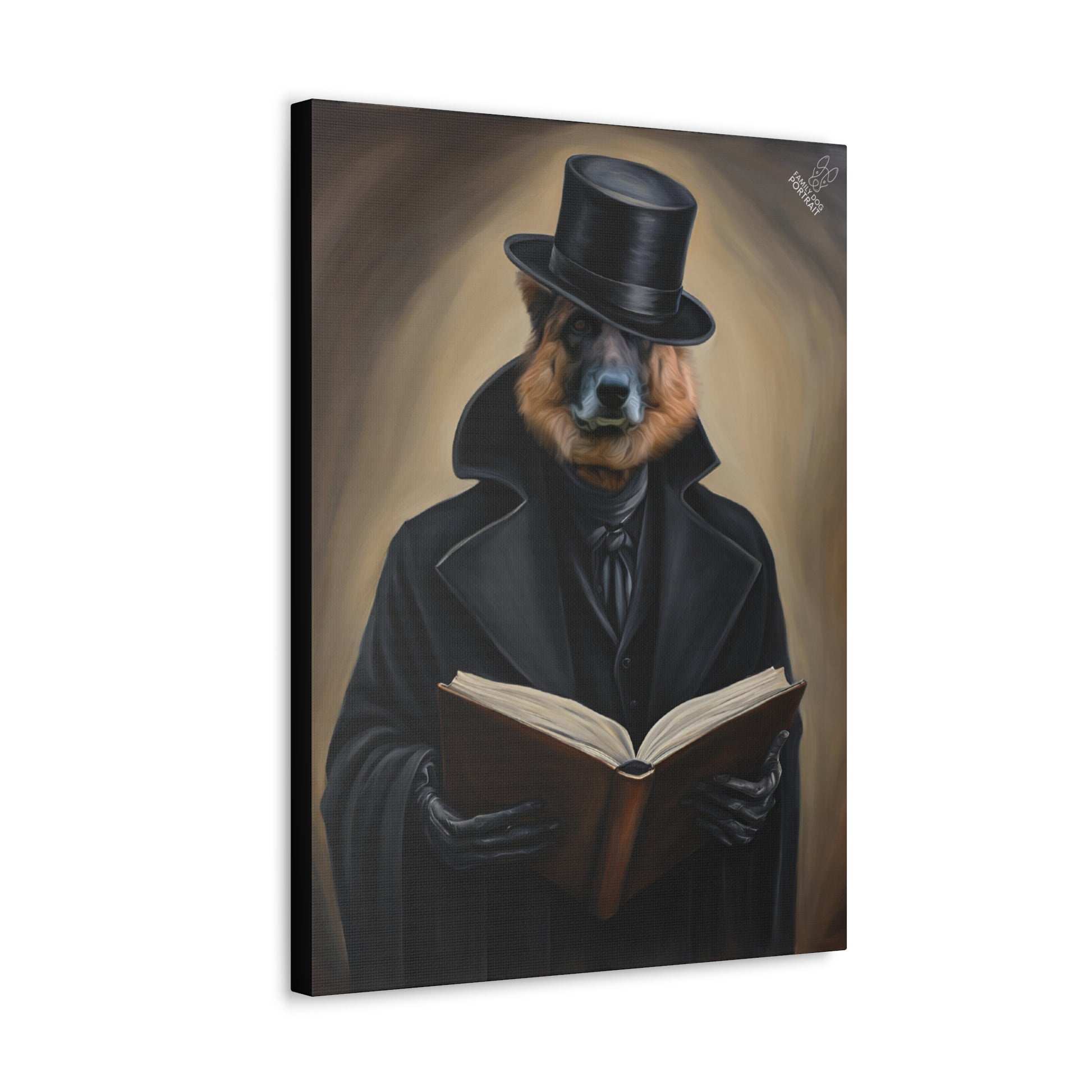 Canvas print of a bear in formal attire reading a book on a white background