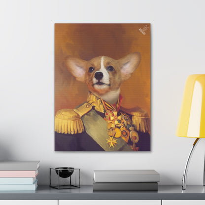 Canvas print of a dog in a military outfit on a wall above a desk.