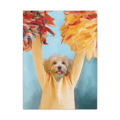 Dog with pom-poms against a blue sky