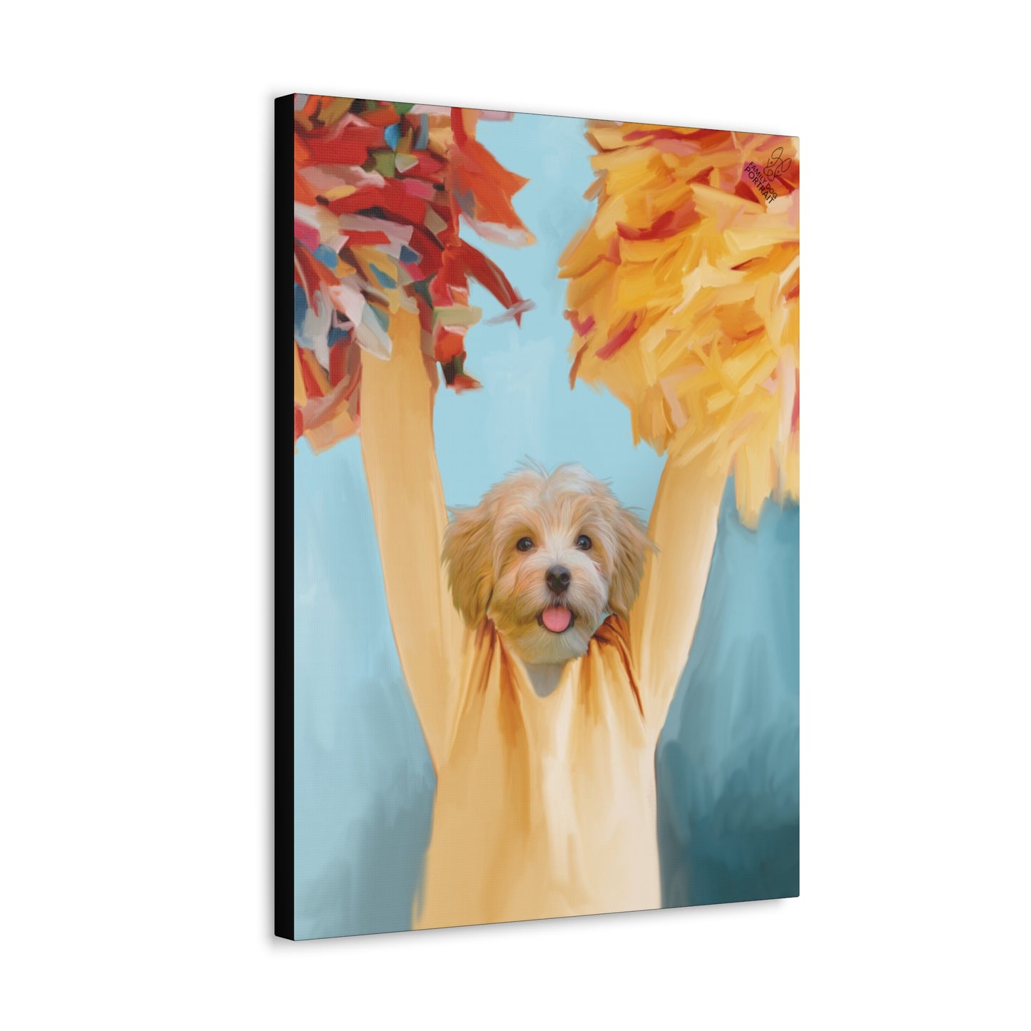 Canvas print of a dog held by a person with autumn leaves in the background