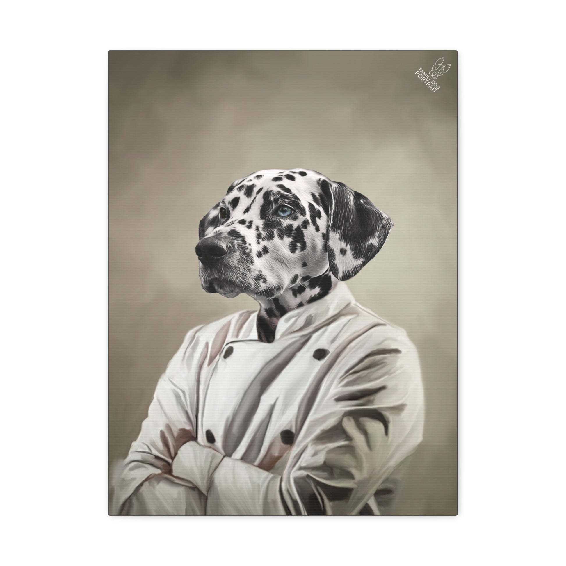 Artistic depiction of a Dalmatian dog wearing a coat on a beige background