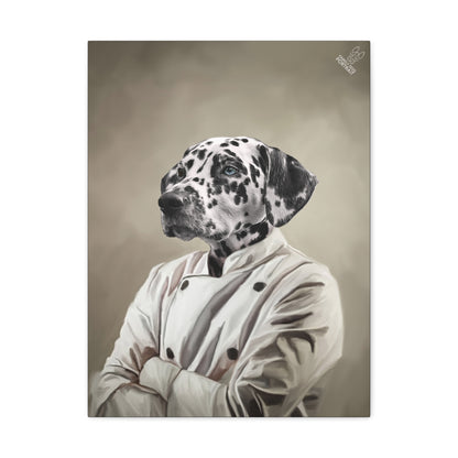 Artistic depiction of a Dalmatian dog wearing a coat on a beige background