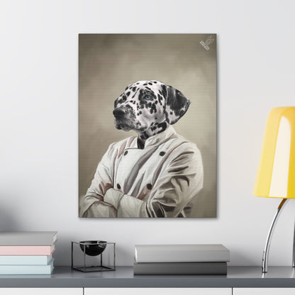 Canvas print of a dog in a coat on a wall above a desk with books and a lamp.