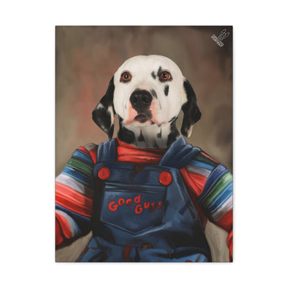 Dog wearing colorful striped shirt and blue overalls with 'Good Guy' text on a white background