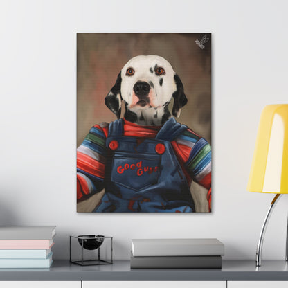Framed artwork of a dog wearing colorful overalls on a wall above a shelf.
