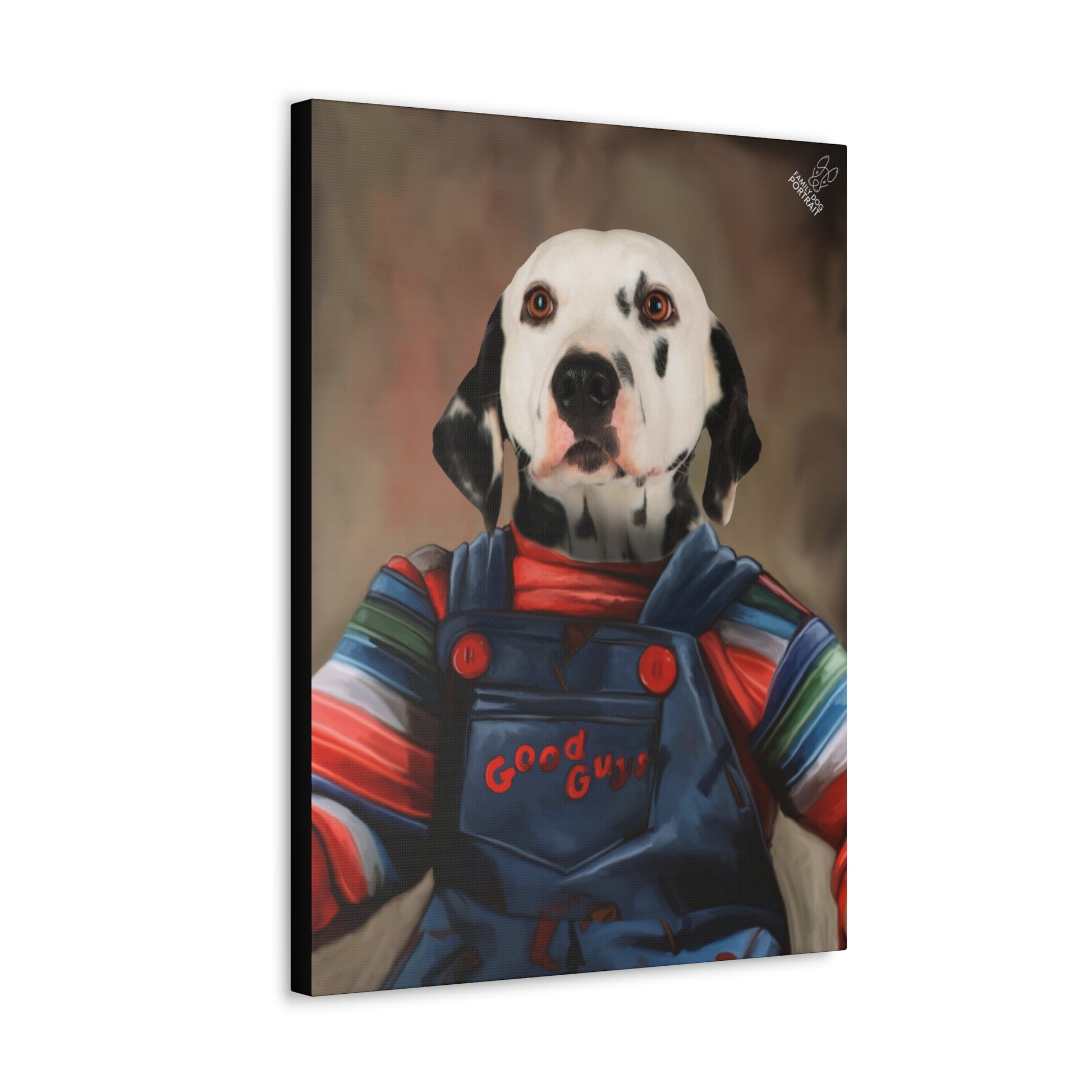 Canvas print of a dog wearing overalls with 'Good Guy' text on a white background