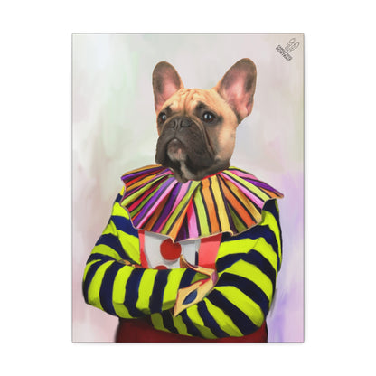 Dog wearing a colorful striped outfit with a ruffled collar on a white background